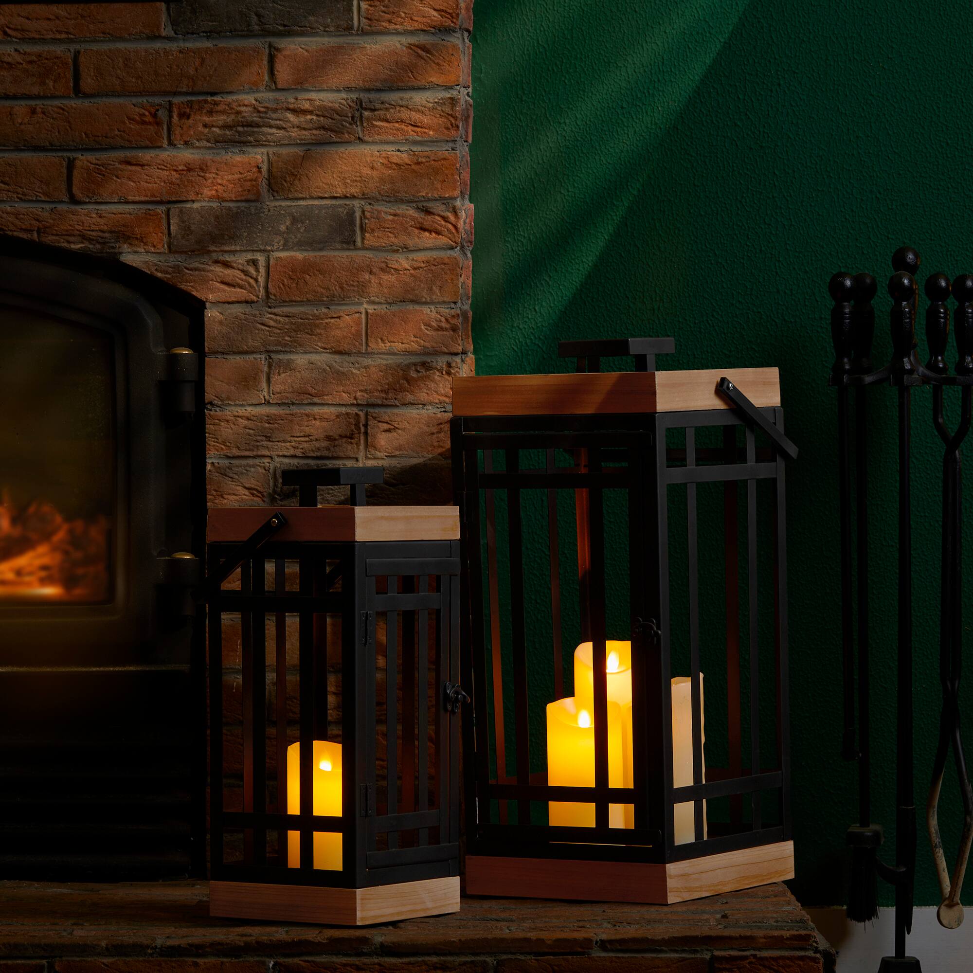 Glitzhome® Black Modern Square Metal & Wood Lanterns Set